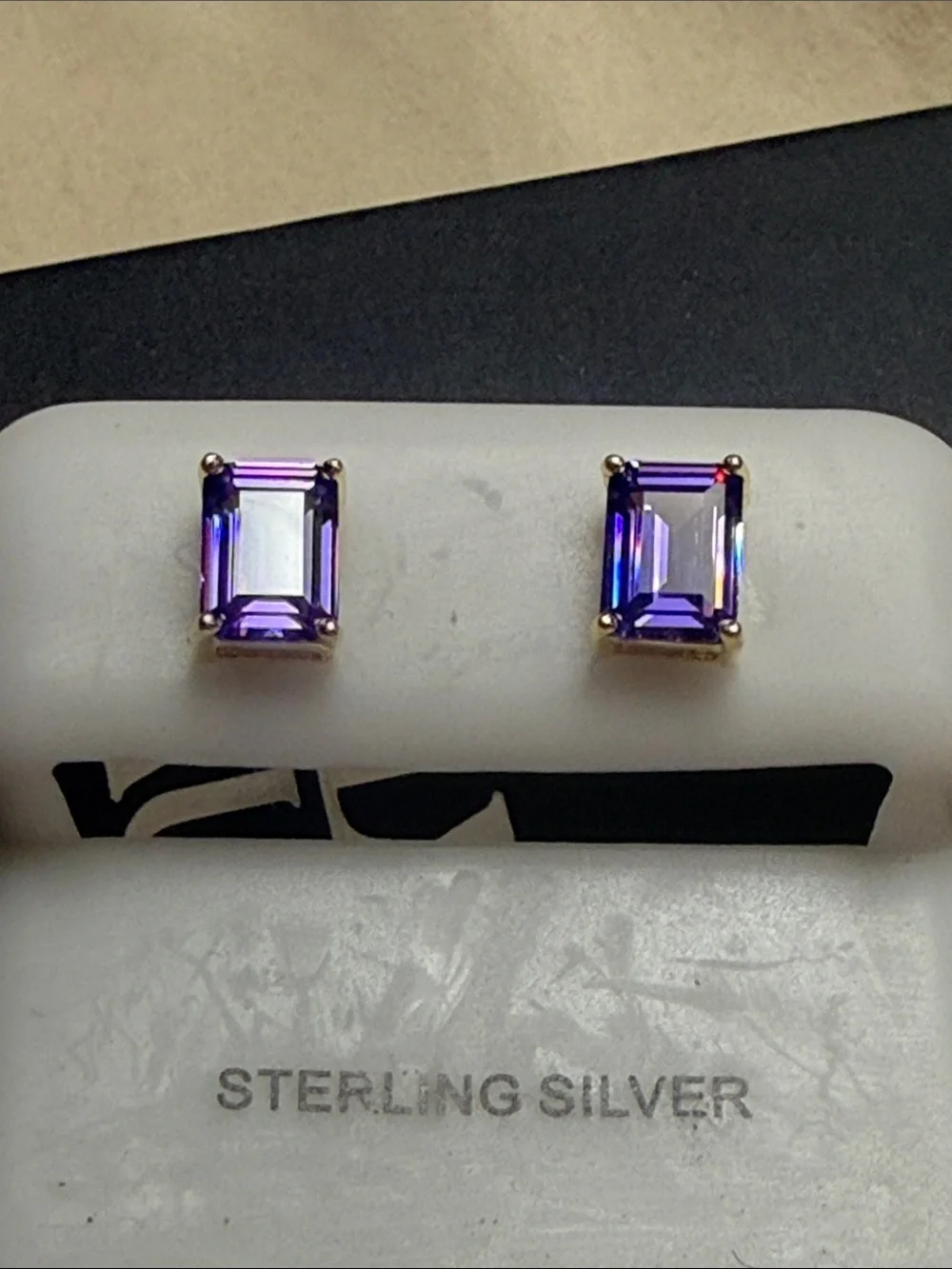 14k Gold over 925 Sterling Silver Purple Gemstone Emerald-Cut Stud Earrings NEW